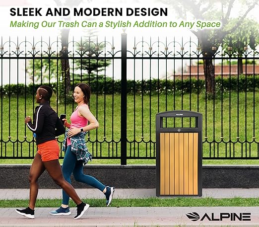 Alpine 40 Gallon Commercial Outdoor Trash Can with Lid - Modern Heavy Duty Large Outdoor Garbage Can with Durable Plastic Bin, Slatted Recycled Plastic Panels for Parks, Trails & Resorts (CD)