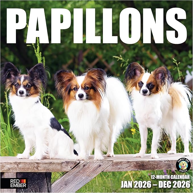 RED EMBER Papillons 2026 Wall Calendar 12 Month | 12" x 24" Open | Thick & Sturdy Paper | Holiday Gift | Cute Puppy Dog Calendar 2026