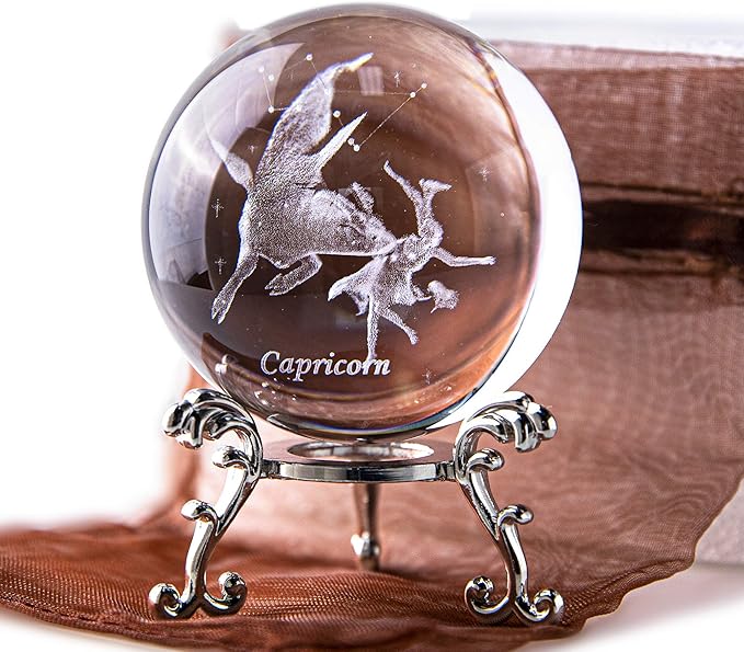 3D Laser Constellation Ball Crystal Paperweight Full Sphere Glass Fengshui with Sliver-Plated Flowering Stand(Capricorn)
