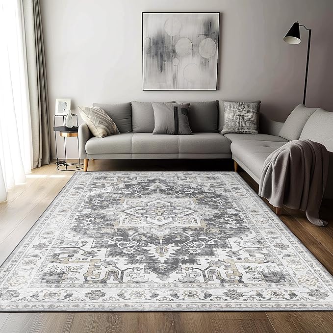 GENIMO 8x10 Area Rugs for Living Room, Machine Washable Vintage Non Slip Rugs, Low Pile Lightweight Chenille Print Rug for Bedroom, Dining Room, Home Office, Gray/White