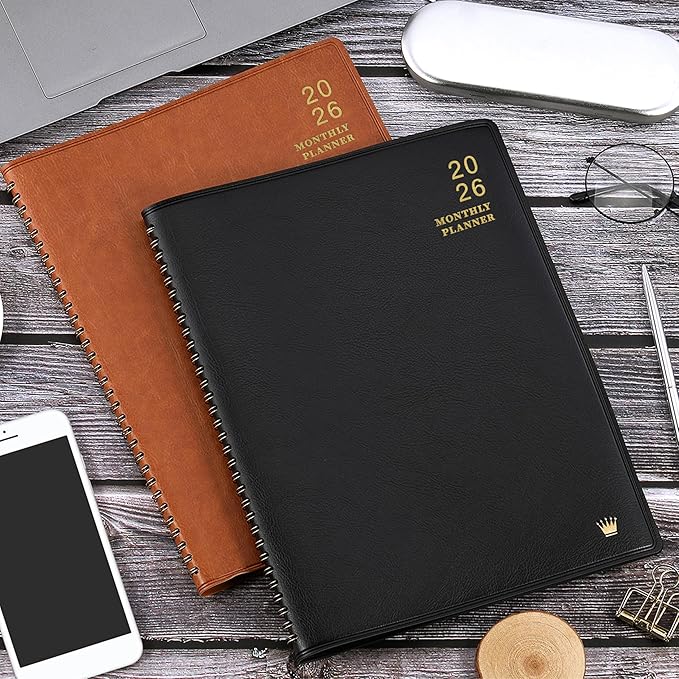 2026 Monthly Planner/Calendar - Jan 2026 - Dec 2026, Monthly Planner 2026, 12 Months, Faux Leather, 8.86" x 11.4", 15 Notes Pages, Strong Twin - Wire Binding, Tabs, Perfect Organizer - Black