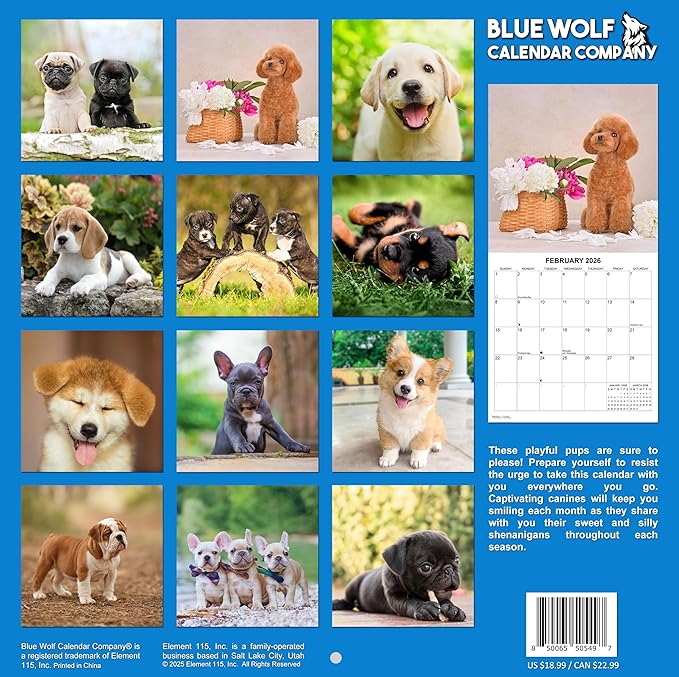 2026 Puppies Monthly Wall Calendar | Cute Dogs Calendar September 2025 - December 2026