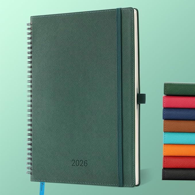 IN-LUXPRO Planner 2026 Daily Weekly and Monthly,11.5"x8.5",12 Months Spiral Bound Calendar Agenda with Self-adhesive Pen Holder,2026 Appointment Book with Vegan Leather Soft Cover,Green