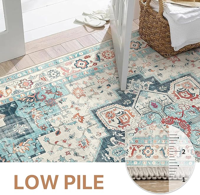 GENIMO 9x12 Area Rugs for Living Room, Machine Washable Non Slip Rugs, Low Pile Lightweight Vintage Print Rug for Bedroom, Dining Room, Home Office, Cyan/White