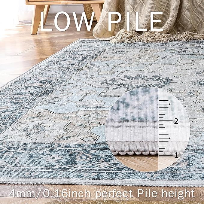 GENIMO Runner Rug 2'6"x12, Non Slip Vintage Hallway Runner Rugs, Low Pile Lightweight Machine Washable Mat for Hallway, Entryway, Bedroom, Kitchen and Corridor, Blue