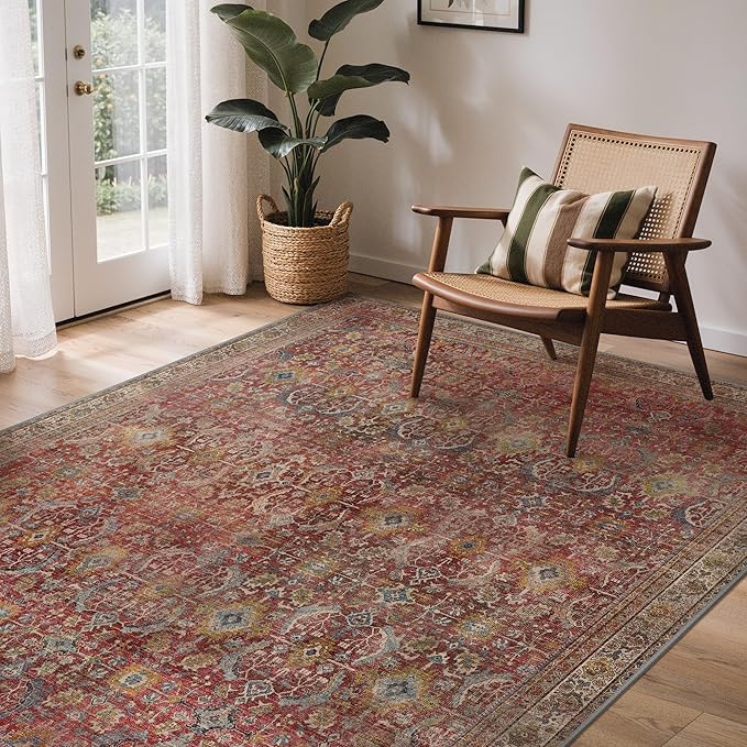 GENIMO 6x9 Area Rugs for Living Room, Machine Washable Non Slip Vintage Rugs, Low Pile Lightweight Chenille Print Rug for Bedroom, Dining Room, Home Office, Mocha Brick