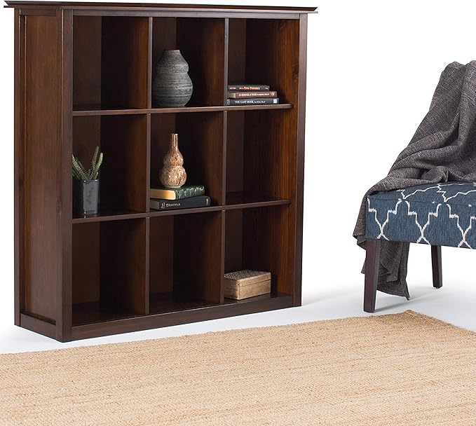 SIMPLIHOME Artisan Bookcase - 43 inch Tall 9-Cube Solid Wood Cube Organizer in Russet Brown, Transitional Storage Bookcase for Living Room, Study Room or Office with Fixed Shelves and Tapered Legs