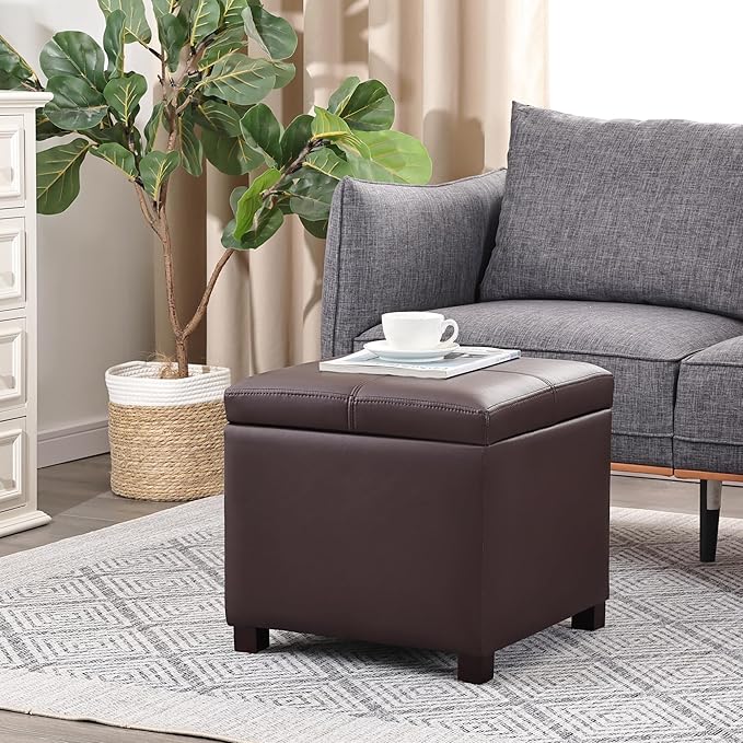 Asense 17 Inch Storage Ottoman Foot Rest,Square Faux Leather Foot Stool,Small Ottoman with Storage,Padded Seat for Entryway,Living Room,Bedroom,Couch,Under Desk,Brown