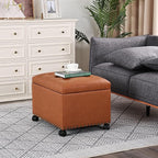 Decent Home 24" Square Ottomans with Storage, Leather Ottoman with Storage with Lockable Wheels and Hight Loading, Foot Stool Ottoman with Wheels for Makeup Room, Dorms and Apartments (Orange Brown)