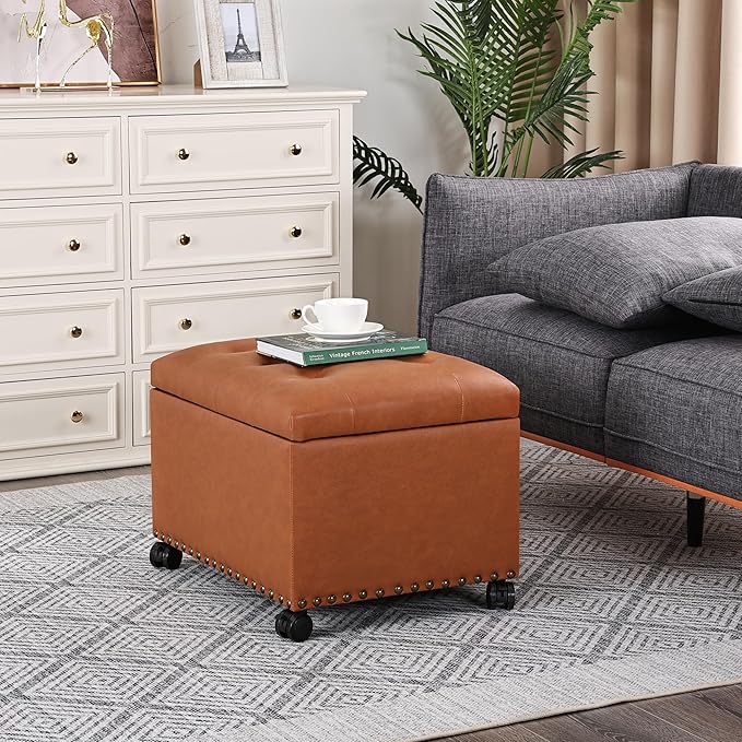 Decent Home 24" Square Ottomans with Storage, Leather Ottoman with Storage with Lockable Wheels and Hight Loading, Foot Stool Ottoman with Wheels for Makeup Room, Dorms and Apartments (Orange Brown)