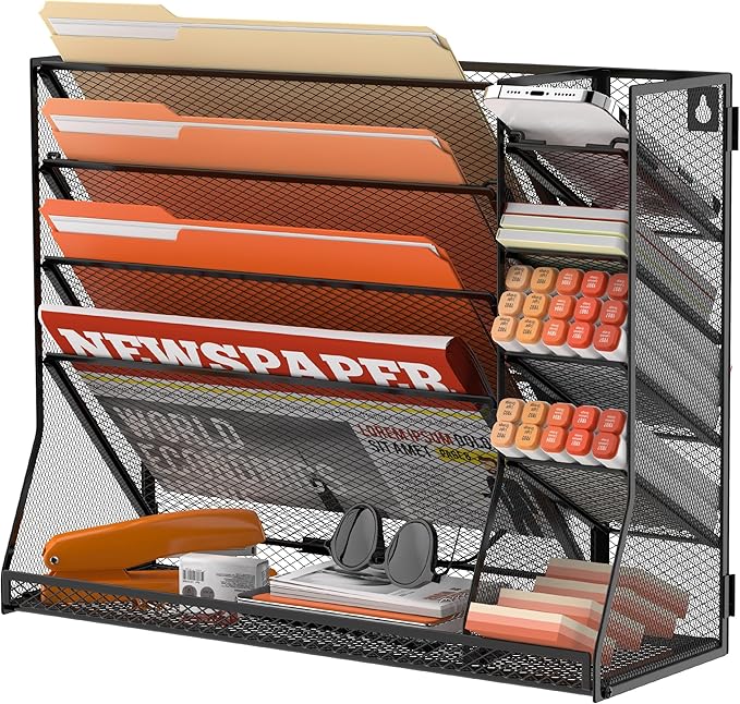 SUPEASY Wall File Organizer, 5-Tier office wall organizer with 4 Pen Holders, Wall Organizer for Office with R-shaped Bottom Tray, Metal Desk Organizer for Office, School, Home, Black