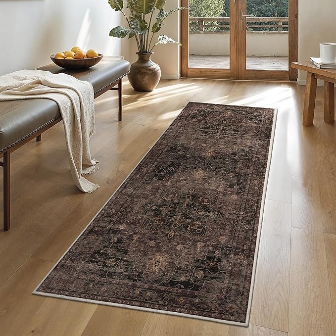 GENIMO 2x5 Runner Rugs for Hallway, Machine Washable Non Slip Vintage Rugs, Low Pile Lightweight Soft Print Rug for enrtyway, Corridor, Home, Office, Kitchen, Charcoal Brown