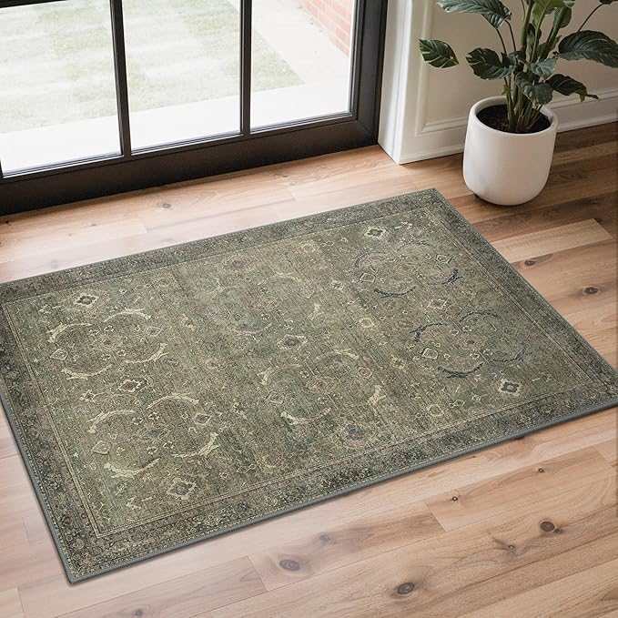 GENIMO 2x3 Area Rugs for Living Room, Machine Washable Non Slip Vintage Rugs, Low Pile Lightweight Chenille Print Rug for Bedroom, Dining Room, Home Office, Muted Green