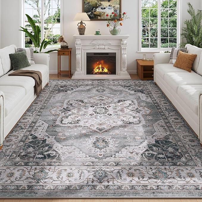 Rugcomf Vintage Medallion Living Room Rug 5'x7' - Machine Washable Area Rug, Non-Slip Low Pile Boho Carpet for Bedroom, Dining Room, Farmhouse, Office, Kids Playroom - Grey and White