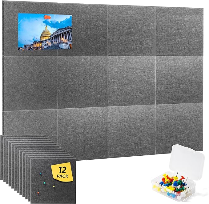 VUSIGN Large Cork Board for Wall 47"x35", 12 Pack Bulletin Board, Felt Wall Tiles with Adhesive Tabs and Push Pins, Push Pin Board for Office, School, Home, Grey