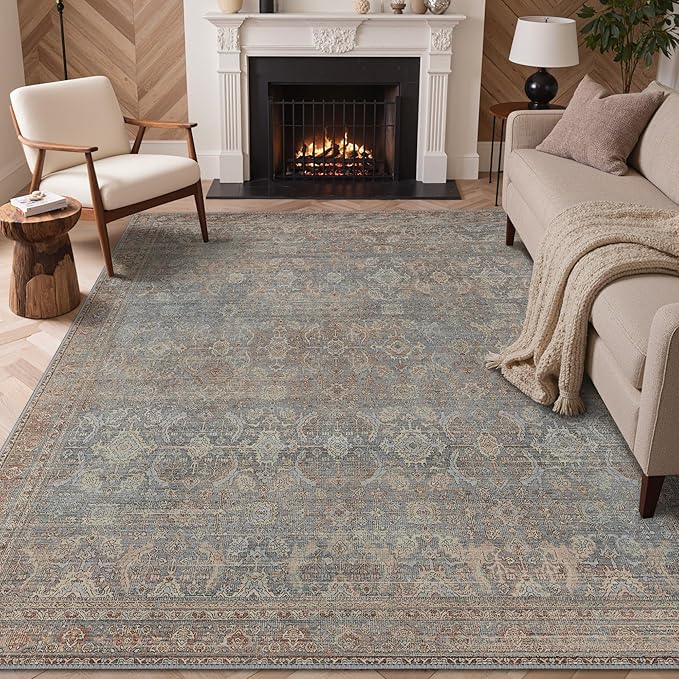 GENIMO 6x9 Area Rugs for Living Room, Machine Washable Non Slip Vintage Rugs, Low Pile Lightweight Chenille Print Rug for Bedroom, Dining Room, Home Office, Grayish Blue