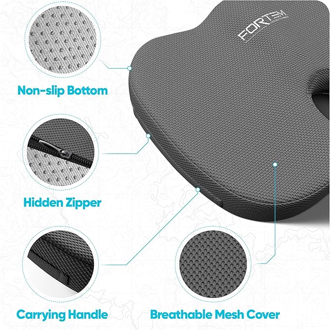 FORTEM Seat Cushion, Office Chair Cushion, Lumbar Support Pillow for Office Chair, Memory Foam Sciatica Coccyx Tailbone Pressure Pain Relief, Car Sitting Pad, Washable Non Slip