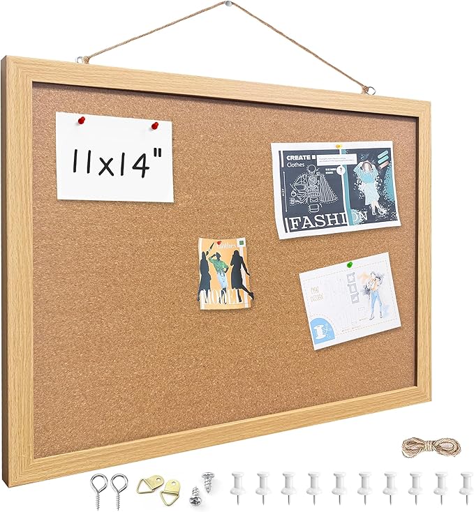 Yunihome Cork Bulletin Board, 11x14 Inches Hanging Cork Board Wooden Framed with Pins for Wall, Dorm Room, Office, Home Decor – Natural Cork & Black Frame