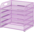 Cawukege 5 Tier Paper Organizer with Handle, Metal Mesh Desk Organizer File Folder Paper Letter Tray Desktop Document Sorter for Classroom, School, Office Accessories Organization and Storage - Purple