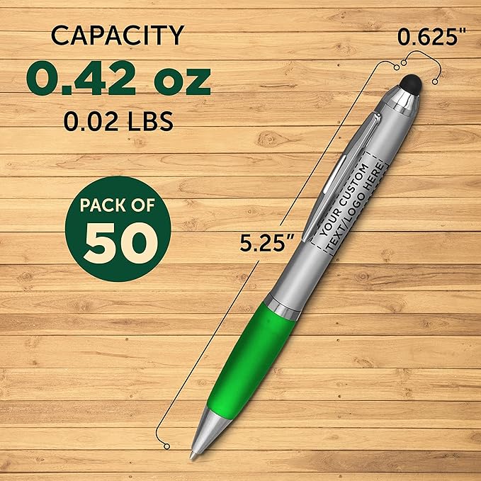 DISCOUNT PROMOS Custom Stylus Ballpoint Pens Set of 50, Personalized Bulk Pack - Black Ink, Great for Office, School, Business, Tradeshows, Events - Green