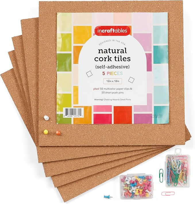 Incraftables Cork Board Tile Squares – 5 Piece 12x12 Self-Adhesive Squares for Bulletin Boards, Wall Corkboards, Vision Boards, Pin Boards, Office & Craft Projects