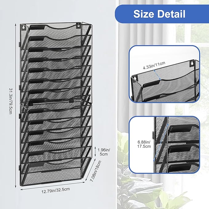 EasyPAG Wall File Organizer for Office 14 Pocket Mesh Wall Mounted Paper Organizer Hanging Folder Holder with Nametag Label for Home School, Black