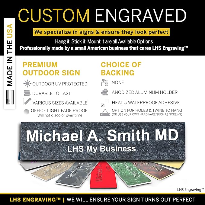 Personalized Name Plate with Choice of Mounting Holders for Walls, Doors, Cubicles, Hanging and More - Custom Mojave Black Plastic White Letters - USA Made 2x12 - N8