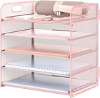 Sinboun Letter Tray Paper Organizer 5-Tier Desk Organizer File Organizer Paper Holder with Handle, Metal Desktop Document Shelf Tray Office Classroom Organization - Pink, PK5CENGTISHOU
