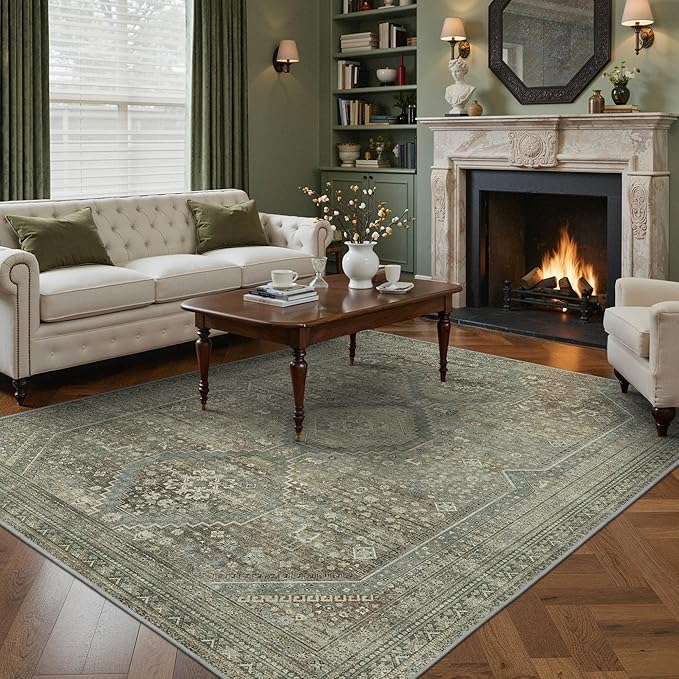 GENIMO 6x9 Area Rugs for Living Room, Machine Washable Non Slip Rugs, Low Pile Lightweight Vintage Print Rug for Bedroom, Dining Room, Home Office, Sage/Blue