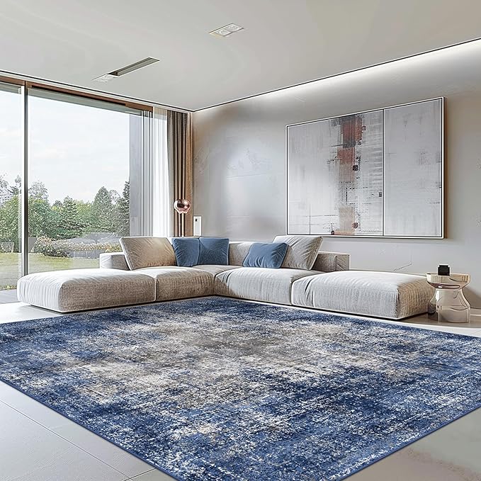 GENIMO Washable Area Rugs for Living Room, 8x10 Modern Non Slip Rugs, Low Pile Lightweight Soft Print Rug for Bedroom, Dining Room, Home Office, Washed Blue&Gray