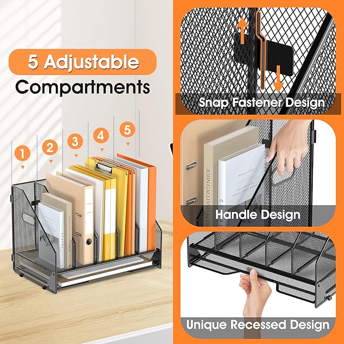 OrgMate Desk File Folder Holder Organizer-5 Vertical Compartments Racks and Paper Letter Tray,Mesh Magazine File Holder Sorter,Desktop Accessories & Workspace Organizers for Home,Office,School-Black