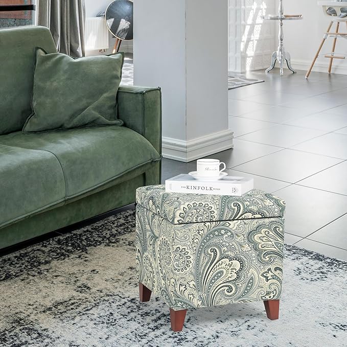 Adeco 18 Inch High Cube Ottoman Storage, Paisley Linen Chair Foot Stools, Upholstered Vanity Stool with Hinged Lid, Solid Wood Legs