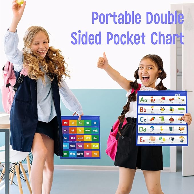 Desktop Pocket Chart, 120 Dry-Erase Double Sided Cards Includes 26 Letters with Images and 120 First Words, Self-Standing Tabletop Pocket Chart for Kids Teacher Classroom Home Use (13 X 12inch)