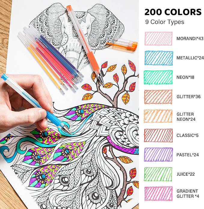200 Colors Gel Pen Refills, Glitter Neon Gel Ink Pens Refills,Replace Cartridges for Gel Pens Set,9 Color Type for Adult Coloring Books Drawing Doodling Crafts Scrapbooking Journaling,No Repeats