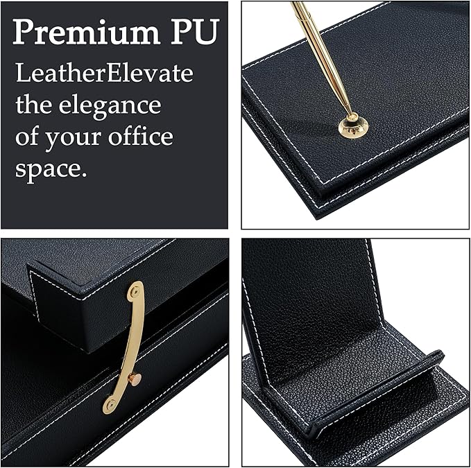 RitPin Desk Set, 11-Piece All-in-One – Executive Desk Accessories & Office Supplies, Leather Desk Organizer with Desk Pad & Blotter, 2-Tier Letter Tray, Luxury Office Desk Decor & Boss Gifts (Black)