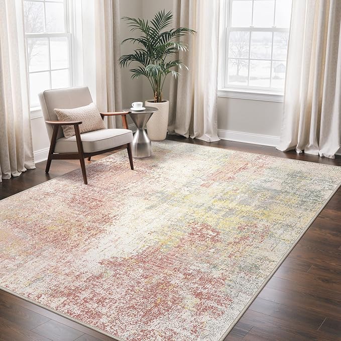 GENIMO Washable Area Rugs for Living Room, 8x10 Modern Non Slip Rugs, Low Pile Lightweight Soft Print Rug for Bedroom, Dining Room, Home Office, Washed Pink