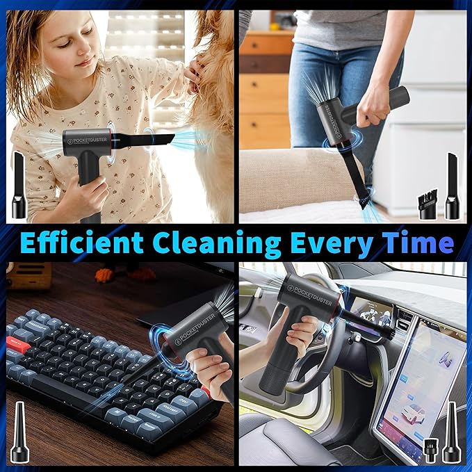 PocketDuster 2-in-1 Compressed Air Duster and Mini Vacuum Cleaner with 150000 High RPM - Powerful Brushless Motor for Desktop, Keyboards, Laptop, Dryer and Electronics