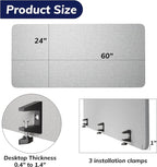KERRAM Desk Privacy Panel 24 x 60 Inch, Sound Absorbing & Proof Desk Divider for Office, Clamp-on/Screw-on Acoustic Desk Back Panel Partition, Gray