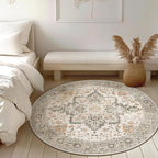 GENIMO 4FT Round Area Rugs for Living Room, Circle Rugs Machine Washable Low Pile, Chenille Non Slip Vintage Rug for Bedroom, Dining Room, Home Office, Light Taupe Brown