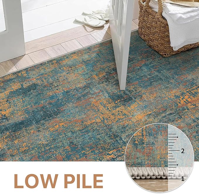 GENIMO Washable Area Rugs for Living Room, 10x14 Vintage Non Slip Rugs, Low Pile Lightweight Soft Print Rug for Bedroom, Dining Room, Home Office, Dark Blue Green