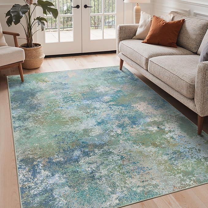 GENIMO Washable Rugs 6x9 Area Rugs for Living Room Bedroom, Modern Lightweight Rug Ultra Soft Indoor Area Rugs 6x9 for Dining Room, Low Pile Carpet with Non Slip Backing, Blue Green