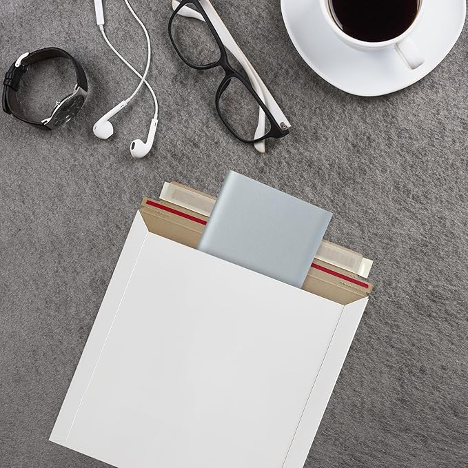 100 Pack 6x6 Inch Rigid Mailers – 420 GSM Self Seal Stay Flat CD Mailers for CDs, DVDs, Photos, Documents – Tear Strip, Do Not Bend Labels – Square Card & Shipping Envelopes (White)