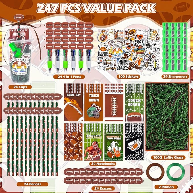 LiYiQ 247 Pcs Football Party Supplies Return Gifts for Party, Student Stationery Gifts from Teacher Rewards Prizes, Pencil Erasers Notebooks Stickers for Football Classroom Birthday