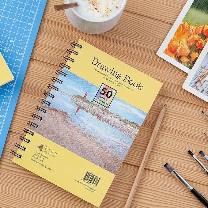 Elan A5 Drawing Book, 50 Sheets Italian Paper 90 lb/200 GSM, Acid-Free Sketch Book 8.3x5.8 Inch, White Drawing Paper Pad, A5 Sketchbook Spiral Bound