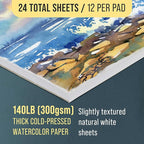U.S. Art Supply 12" x 16" Premium Heavyweight Watercolor Paper Pad, Pack of 2 (12 Sheets Each), 140lb (300gsm) - Cold Pressed, Acid-Free, Wet, Water Color Paper - for Artists, Students