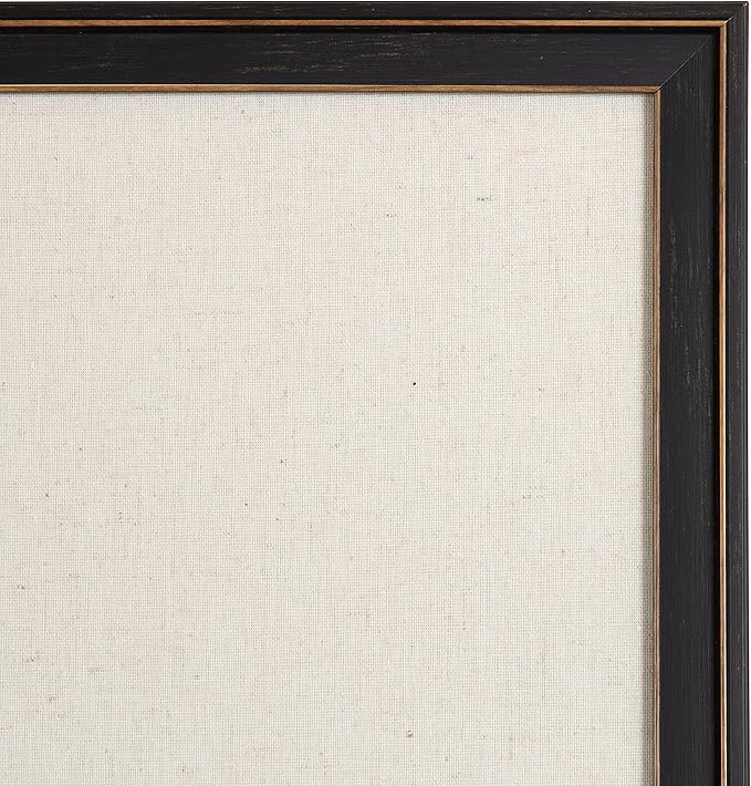 Kate and Laurel Oakhurst Rectangle Framed Linen Fabric Pinboard; 24 x 36; Distressed Black; Traditional Decorative Bulletin Board with Stepped Profile and Lightly Distressed Finish