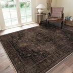 GENIMO 8x10 Area Rugs for Living Room, Machine Washable Rug, Non Slip Indoor Vintage Rug, Low Pile Lightweight Chenille Print Carpet for Bedroom Dining Room Home Office, Charcoal Brown
