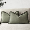 Foindtower Set of 2 Decorative Linen Fringe Throw Pillow Covers Boho Farmhouse Cushion Cover with Tassels Accent Pillowcase for Couch Bed Sofa Living Room Home Bedroom Decor, 12×24 Inch, Olive Green