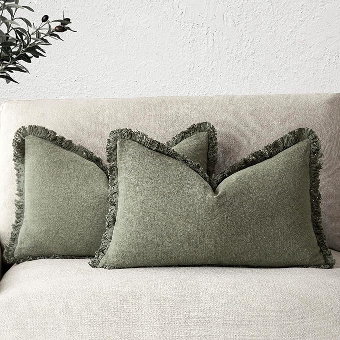 Foindtower Set of 2 Decorative Linen Fringe Lumbar Throw Pillow Covers Boho Farmhouse Cushion Cover with Tassels Soft Accent Pillowcase for Couch Sofa Bed Living Room Home Decor,12×20 Inch,Olive Green