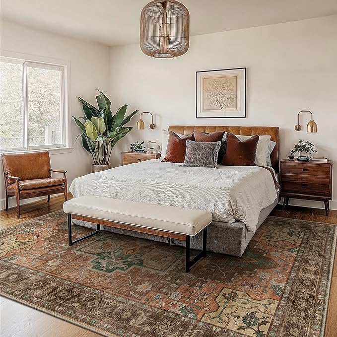 GENIMO 8x10 Area Rugs for Living Room, Machine Washable Non Slip Vintage Rugs, Low Pile Lightweight Chenille Print Rug for Bedroom, Dining Room, Home Office, Rosewood